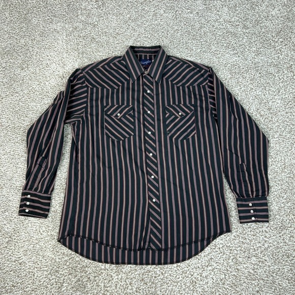 Wrangler Other - Wrangler Shirt Mens XL Black Stripe Pearl Snap Western Cowboy X Long Tails Top
